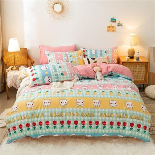 Cartoon Pattern Duvet Cover 135x200 Pillowcase 3Pcs,175x220 Quilt Cover,Green Grid Bedding Sets, Double Queen King Size