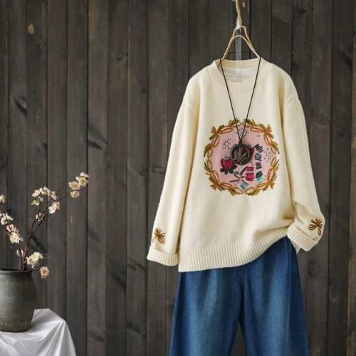 Retro pullover womens spring and autumn loose temperament casual Korean style long-sleeved round neck sweater Western style