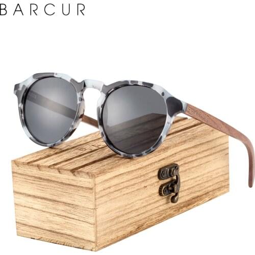 BARCUR Retro Polarized Brand Design Walnut Wood Temple Women Sunglasses Round Plastic Frame Men Glasses UV400 Free Wood Case