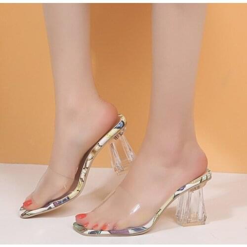 High-heeled Slippers Women 2021 New Fish Mouth Fashion Summer Slippers Women Transparent Open-toe Square High Heeled Shoes