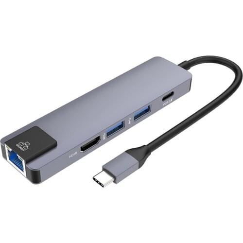 5 In 1 Type-C Dock USB Extender Splitter Adapter, Type-C To USB 3.0+HDMI+Gigabit Network+PD Hub, 4K HDMI HD Video Output USB-C