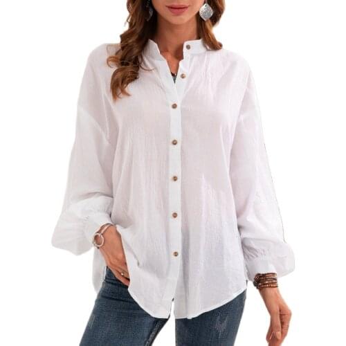 Women Casual Shirt Top Spring Autumn New Solid Color Long Sleeve V-neck Loose Cotton Blouse Button Elegant Streetwear Female