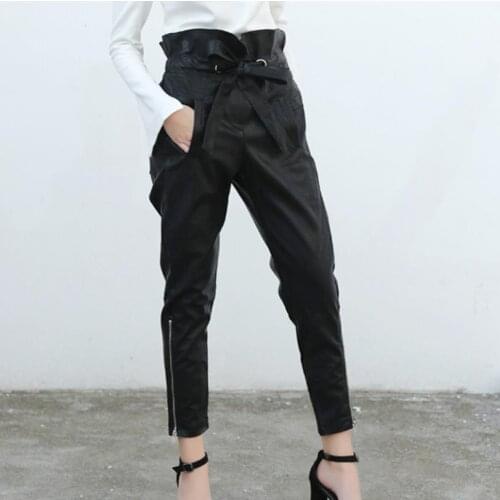 England style great quality Fashion ankle length pleated leather pants Spring female High waist was thin pu leather Pants F847