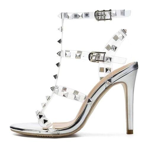 Moraima Snc Fashion T-strap PVC Patchwork High Heel Sandals Open Toe Rivets Studded Thin Hees Shoes Woman Ankle Strap Sandal