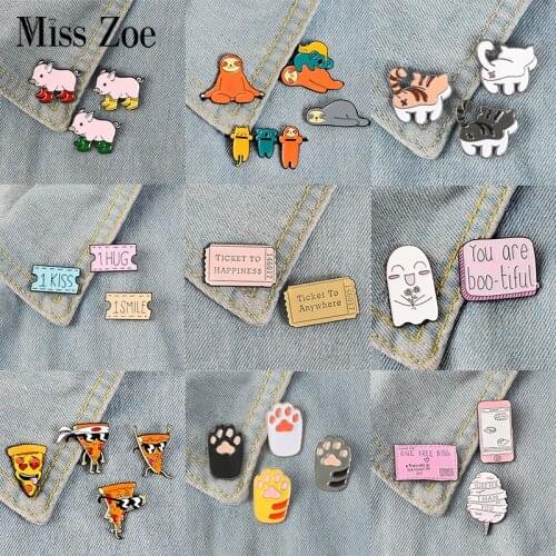 2~4pcs/set Party Time Enamel Pin Pizza Sloth Dog Cat Paw Pig Brooch Bag Clothes Lapel Pin Badge Cute Cartoon Animal Jewelry Gift
