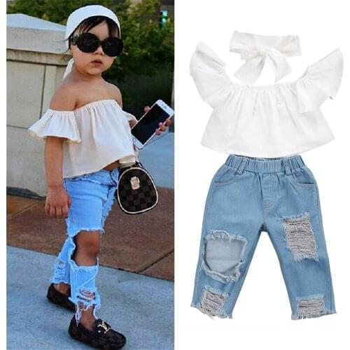 2021 Summer Kids Baby Girls Clothes Set 1-6Y Children Off Shouder Short Sleeve Crop Tops+ Ripped Denim Pant Fashion Kids Outfits