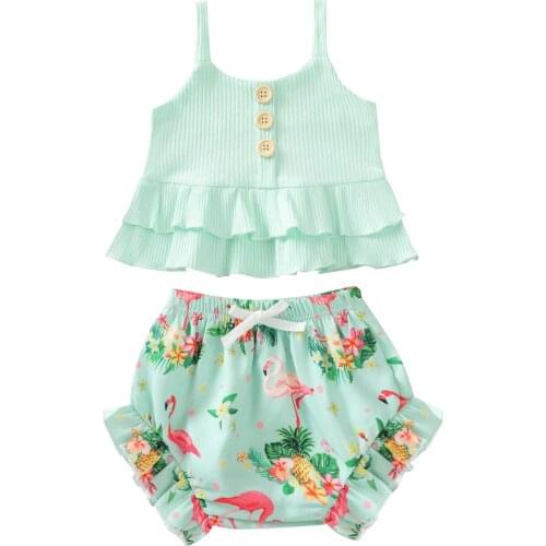 2021 0-4Y Infant Summer Baby Girl Clothing Sleeveless Solid Color Button Neck Ruffle Tank Top+Floral Flamingo Print Shorts 2pcs