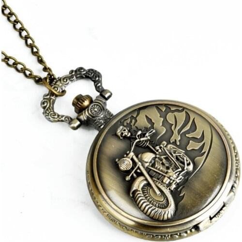 50pcs/lot Retro Bronze Skeleton Riding a Motorcycle Quartz Pocket Watch Men Women Gift Watches with Chain Wholesale