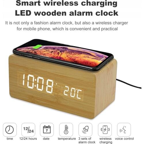 USB/AAA Clocks LED Wooden Alarm Clocks Watch with Wireless Charging Voice Control Clock Digital Electronic Desktop Table Decor
