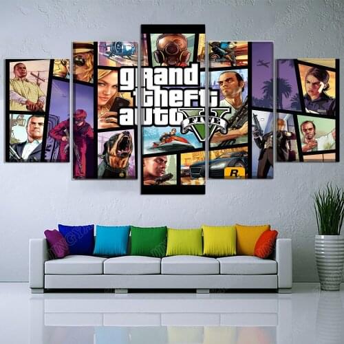 Decor Living Room Or Bedroom Wall Framework Paintings 5 Pieces Game Grand Theft Auto V Role Poster Canvas Art HD Prints Picture