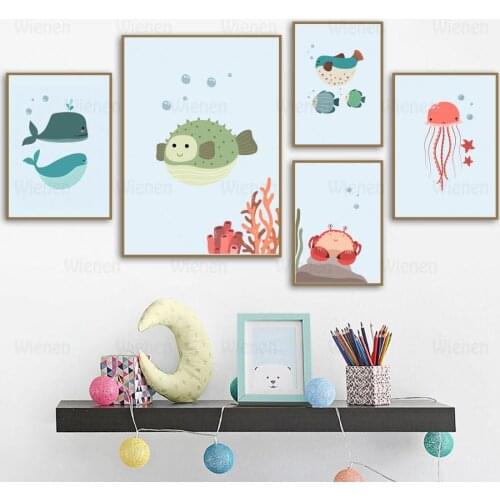 Nursery Kids Room Decor Canvas Painting Cartoon Letter Number Octopus Jellyfish Wall Art Nordic Posters Cartoon Pictures