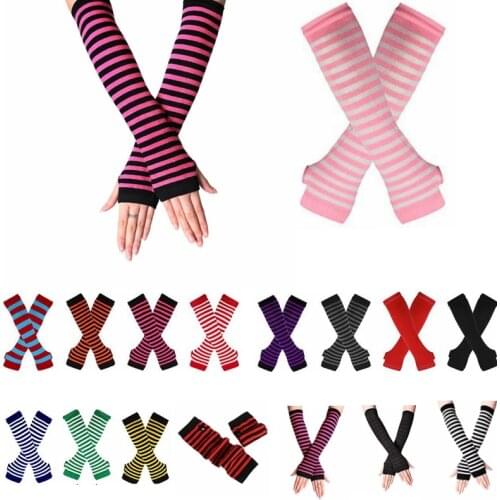 Long Glove Arm Cover Classic Pink Black and White Striped Fingerless Elbow Gloves Warmer Knitted Wristband