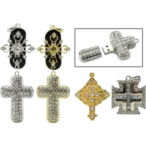 Luxury Jesus Cross USB Diamond Metal Material 4GB 8GB 16GB 32G USB 2.0 Memory Stick Crystal Cross Necklace USB Flash Drive Gift