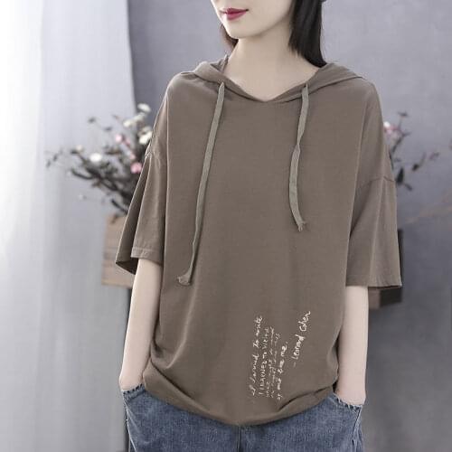 Short-sleeved T-shirt Womens Summer New Style 2021 Loose Casual Printing Hooded Bottoming Shirt Tops Women