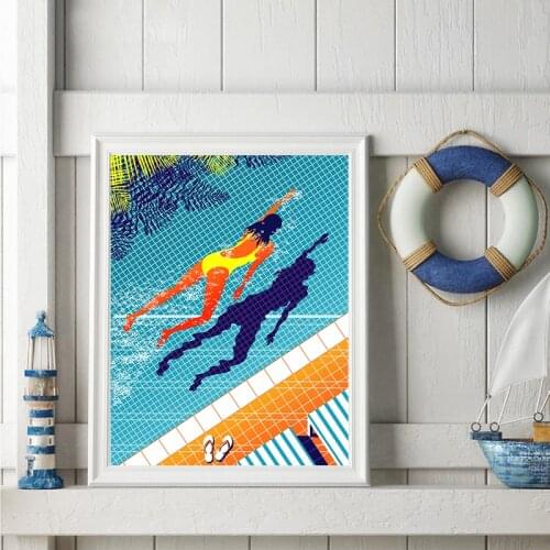 Girl Swimming Pool Summer Poster Canvas Painting Tropical Wall Art Picture Seaside Vacation Illustration Print Home Room Decor