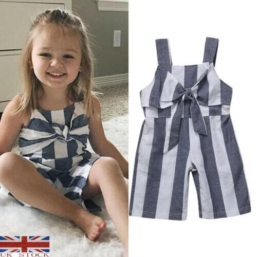 Toddler Kid Baby Girls Jumpsuit Romper Striped Bowknot One Pieces Overall Clothes Outfits Set Playsuit Trouser