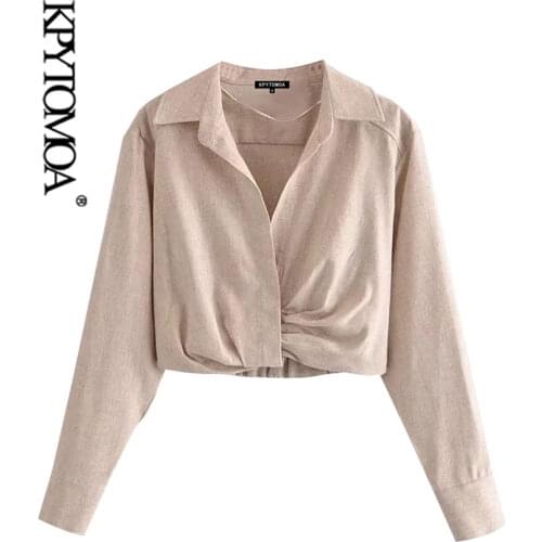 KPYTOMOA Women 2021 Fashion With Pleats Linen Cropped Blouses Vintage Long Sleeve Side Zipper Elastic Hem Female Shirts Chic Top