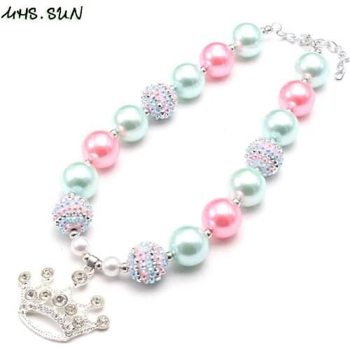 MHS.SUN Charming Crown Pendants Beads Necklace Girls Child Chunky Bubblegum Necklace For Kids Beaded Party Birthday Gifts 1PC