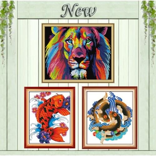 Coloured lion fish animal diy cartoon painting counted print on canvas DMC 14CT 11CT Cross Stitch Needlework Set Embroidery kits