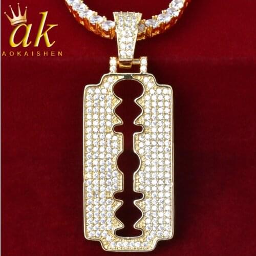 Razor Blade PendantNecklace With Free Steel Rope Chain Gold Color Cubic Zircon Mens Hip Hop Jewelry