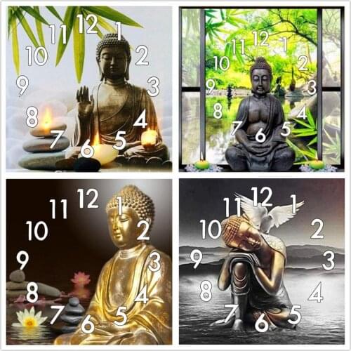Full Diamond Painting Cross Stitch With Clock Mechanism Mosaic Buddha Statue 5D Diy Square Round Diamondpainting Embroidery Gift