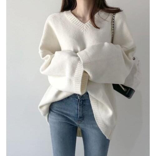 V-neck Pullover Loose Solid Color Sweater Women 2020 Autumn And Winter Chic New Medium And Long Sweater Sueter Mujer Wn