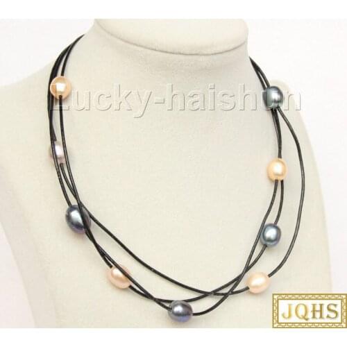 Adjustable 3row black pink purple freshwater pearls black leather necklace 18KGP clasp j9931
