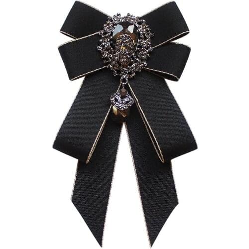 Retro Handmade Ribbon Bow Tie Brooch Rhinestones Crystal Necktie Mens Suit Shirt Collar Pin Luxulry Webbing Jewelry Accessories