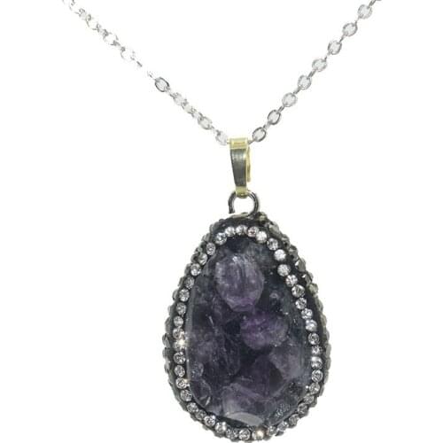 Rhinestone Paved Natural Uruguay purple crystal quartz water drop pendant necklace geode druzy stone pendant necklace for women