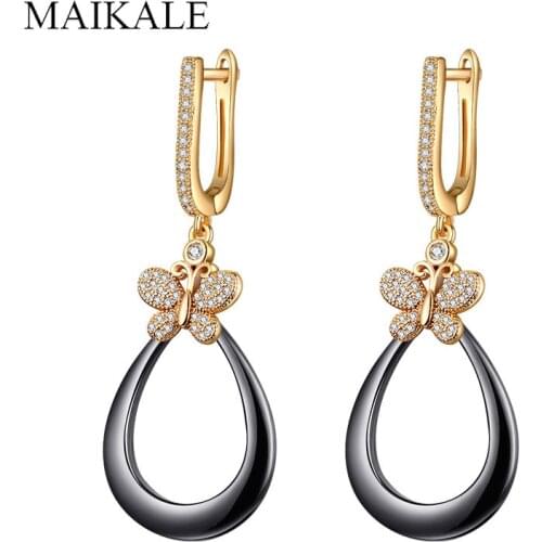 MAIKALE Fashion Black Ceramic Earrings Butterfly Shape Cubic Zirconia Gold Dangle Drop Earrings for Womens Jewelry Gifts