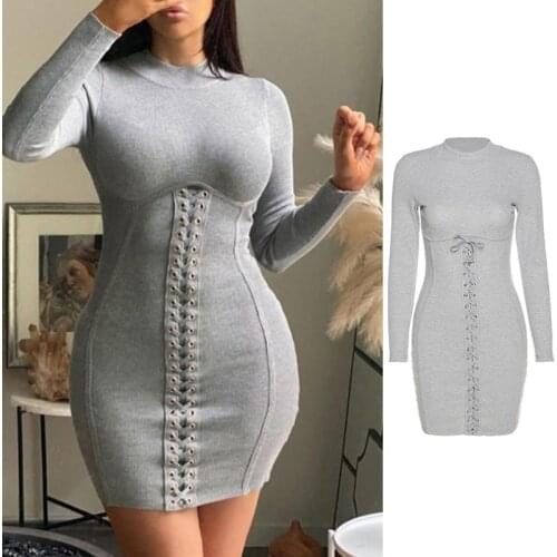Women Autumn Long Sleeve Turtleneck Bodycon Mini Dress Sexy Crisscross Lace-Up Bandage Corset Ribbed Knitted Clubwear