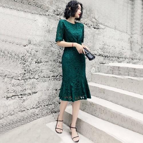Evening Dress Simple Green Short Sleeves O-Neck Flowers Embroidery Tea-Length New Mermaid Plus size Women Formal Party Gown C346