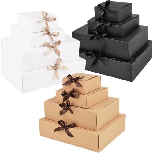 1pc White Brown Black Candy Gift Box Wedding Decoration Handmade Kraft Paper Packaging With Ribbon Bow Birthday Party Supplies