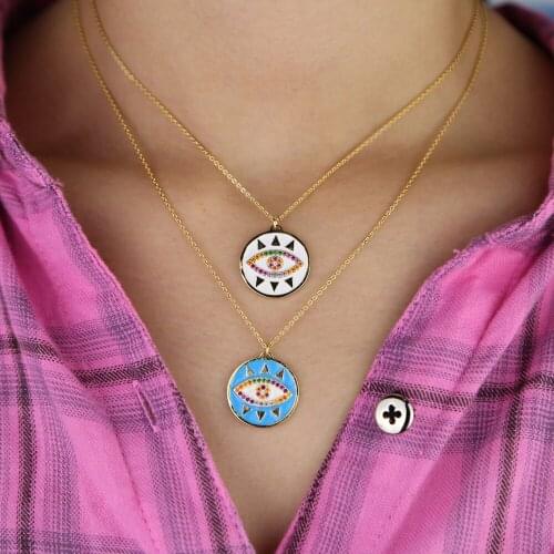 2021 Gold filled enamel white blue color rainbow cz paved Cool classic fashion eye charm pendant necklace
