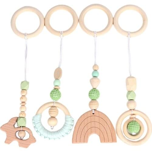 4 Pcs/Set Baby Play Gym Frame Stroller Hanging Pendant Wooden Ring Teether Molar Dropship