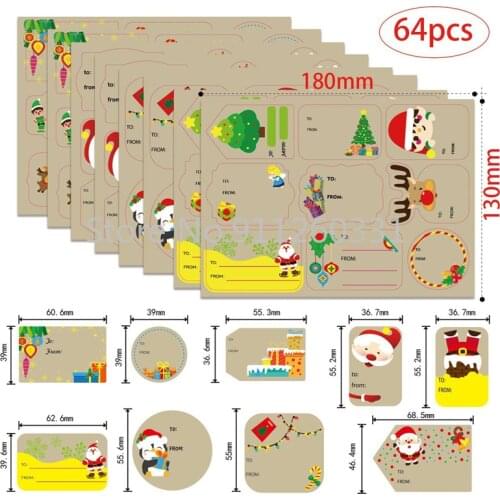 64pcs Kraft paper Christmas Stickers Gift Name Tags Xmas Decorative Sticker for Gift packaging, Cake baking decor, Envelope Seal