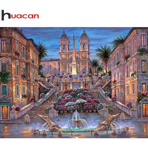 Huacan Diamond Painting City Building Scenery DIY Decor Diamond Embroidery Mosaic Night Landscape Wall Sticker