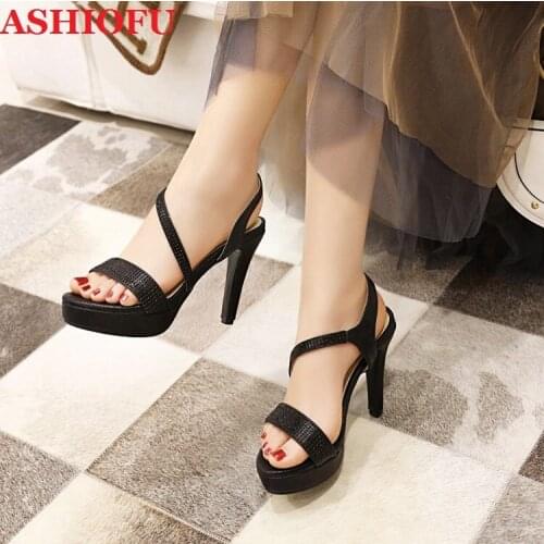 ASHIOFU Handmade 2020 New Hot Sale Ladies High Heels Sandals Black Shinny Bright Party Summer Shoes Evening Club Fashion Sandals