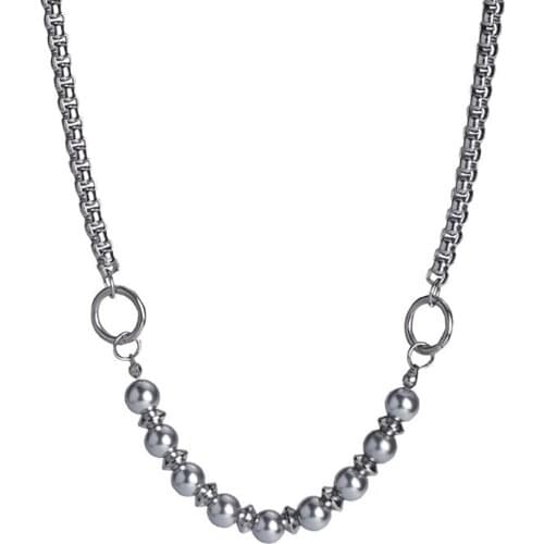 Stainless Steel Hip Hop Street Dance Chain Link Pearl Round Circle Pendant Necklace Fashion Women Jewelry Gift For Him