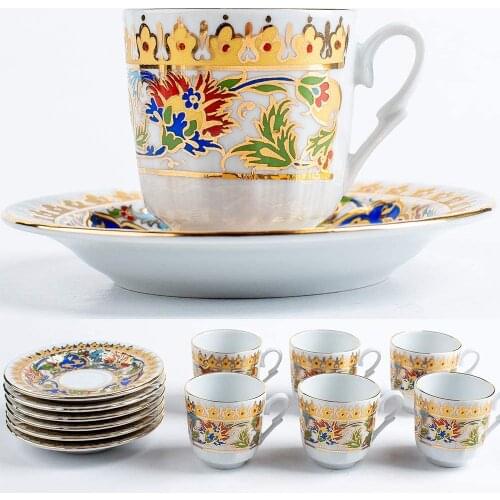 Turkish Coffee Cups Espresso Set of 6 with Saucers Arabic Mugs for Tea Accessories Porcelain (Multi Color)