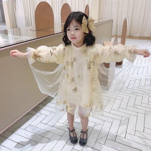 Child Golden star Dress for Girls Turtleneck Shawl Princess Dress Fashion Party children clothings Long Sleeves and Short Sleeve