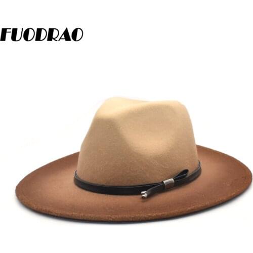 FUODRAO Autumn Winter Wool Fedoras Women Gradient Color Jazz Cap Men Wide Brim Gentleman British Travel Cowboy Hat D6