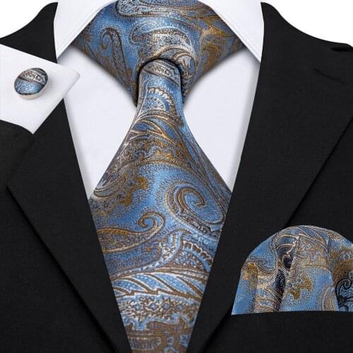Luxurious Blue Paisley Suit Tie 100% Silk Men Tie For Wedding Business Barry.Wang Necktie Handkerchief Mens Dress Ties LS-5057