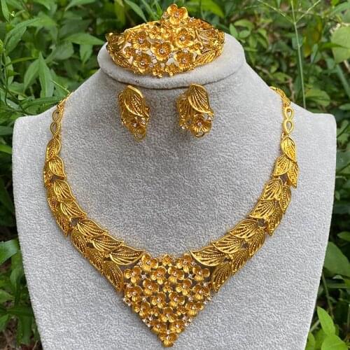 Habesha Bridal Wedding Gifts for women Dubai Gold Jewelry Sets Saudi Arab Necklace Bracelet earrings ring set collares jewellery
