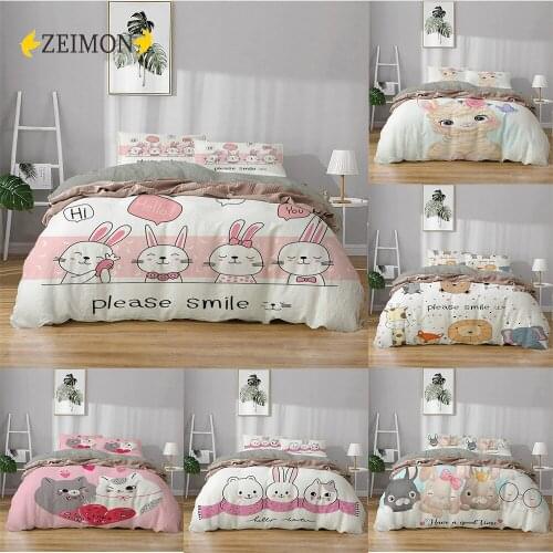 ZEIMON Kawaii Pet Cat Bedding Set Rabbit Animal Kitten Printed Cover Single Double King Queen Size Duvet Cover Sets Bedclothes