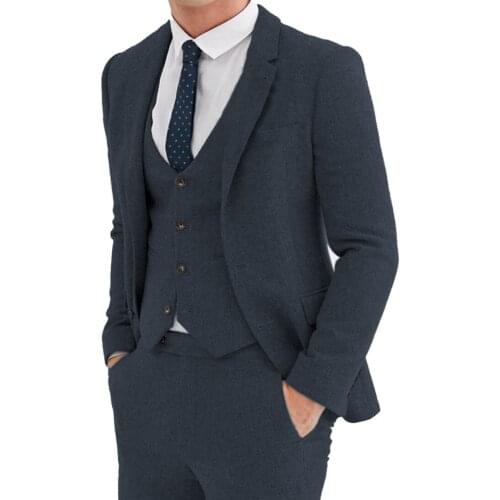 Mens Suit Black 3 Piece Suit Hight Quality Wool Tweed Wedding Groomsmen Shawl Lapel Tuxedos Slim Fit Blazer+Pants+vest