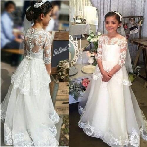 A-Line White Lace Flower Girls Dresses O-Neck Long Sleeve Girls First Communion Dress for Girl vestido daminha