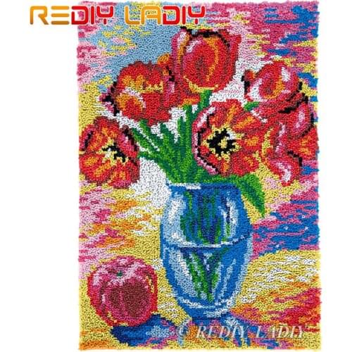 Latch Hook Rug Tulips and Vase Chunky Yarn Tapestry Kits DIY Carpet Rug Knitted Floor Mat Crochet Cushion Arts & Crafts 58*82cm