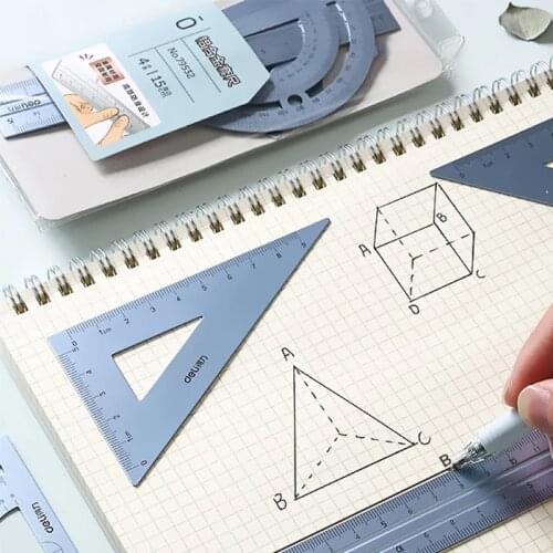 4PCS/Set Deli Aluminum Alloy Ruler Drawing Measurement Geometry Triangle Ruler Straightedge Protractor Student Supplies for Exam