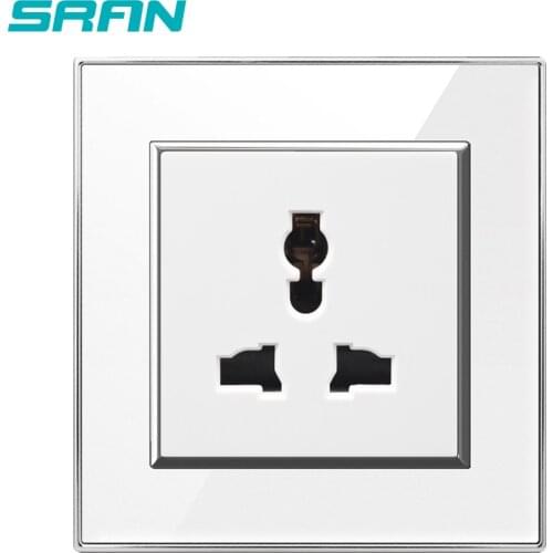 SRAN 3 hole multi-function wall power socket,13A 250V White crystal acrylic panel，86 * 86mm International universal plug socket